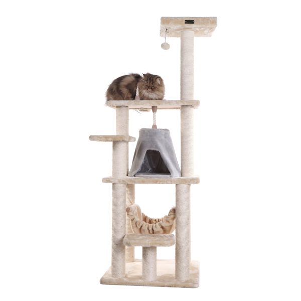 65-inch Faux Fur Cat Tree, Beige with Hammock and Tent by Armarkat For Discount - Image 2